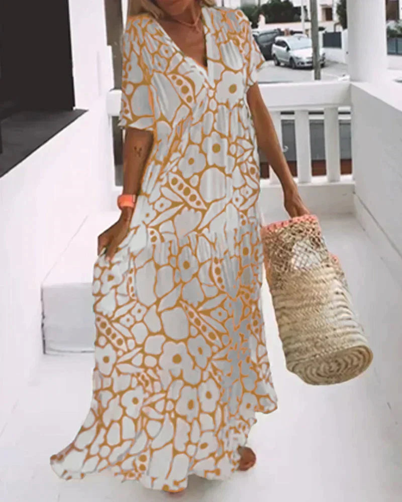 CHRISTINE | Long Summer Dress with Fluid Cut and Chic Graphic Pattern