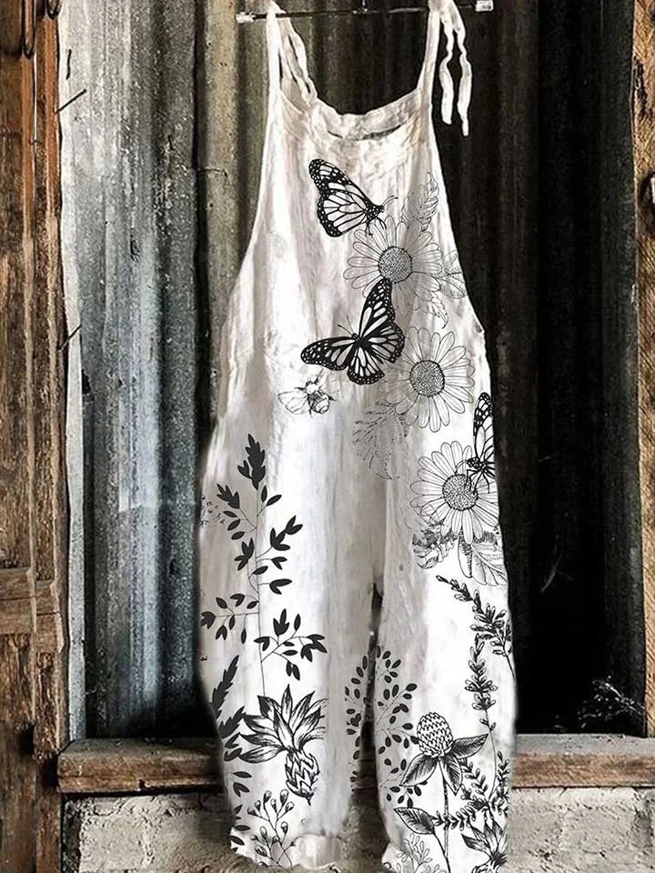 Solea | Lightweight artisanal jumpsuit in monochrome butterfly floral style