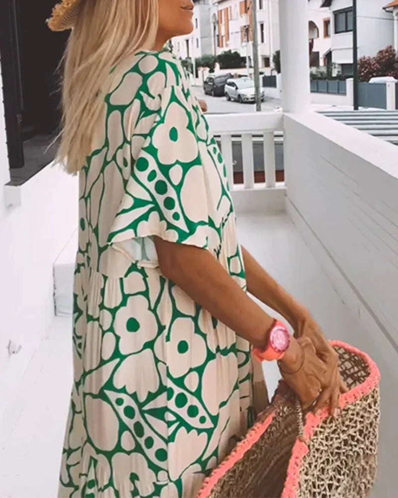 CHRISTINE | Long Summer Dress with Fluid Cut and Chic Graphic Pattern