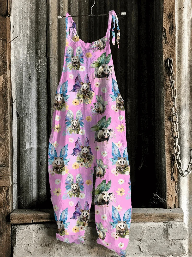 Solea | Lightweight artisanal jumpsuit in pink whimsical possum fairy print
