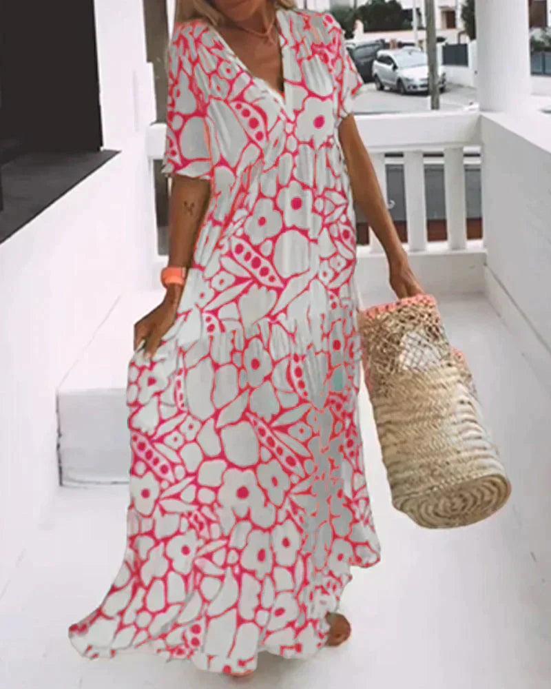 CHRISTINE | Long Summer Dress with Fluid Cut and Chic Graphic Pattern