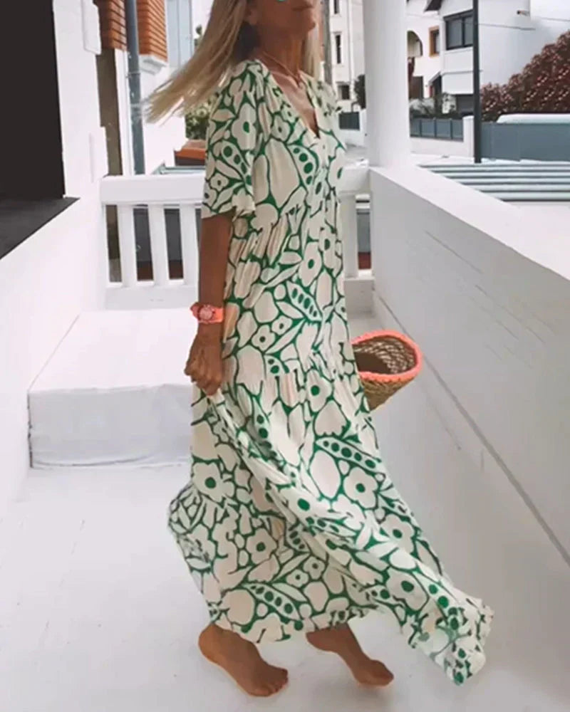 CHRISTINE | Long Summer Dress with Fluid Cut and Chic Graphic Pattern