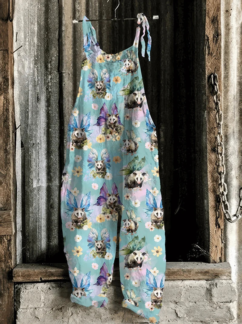 Solea | Lightweight artisanal jumpsuit in aqua whimsical possum fairy print