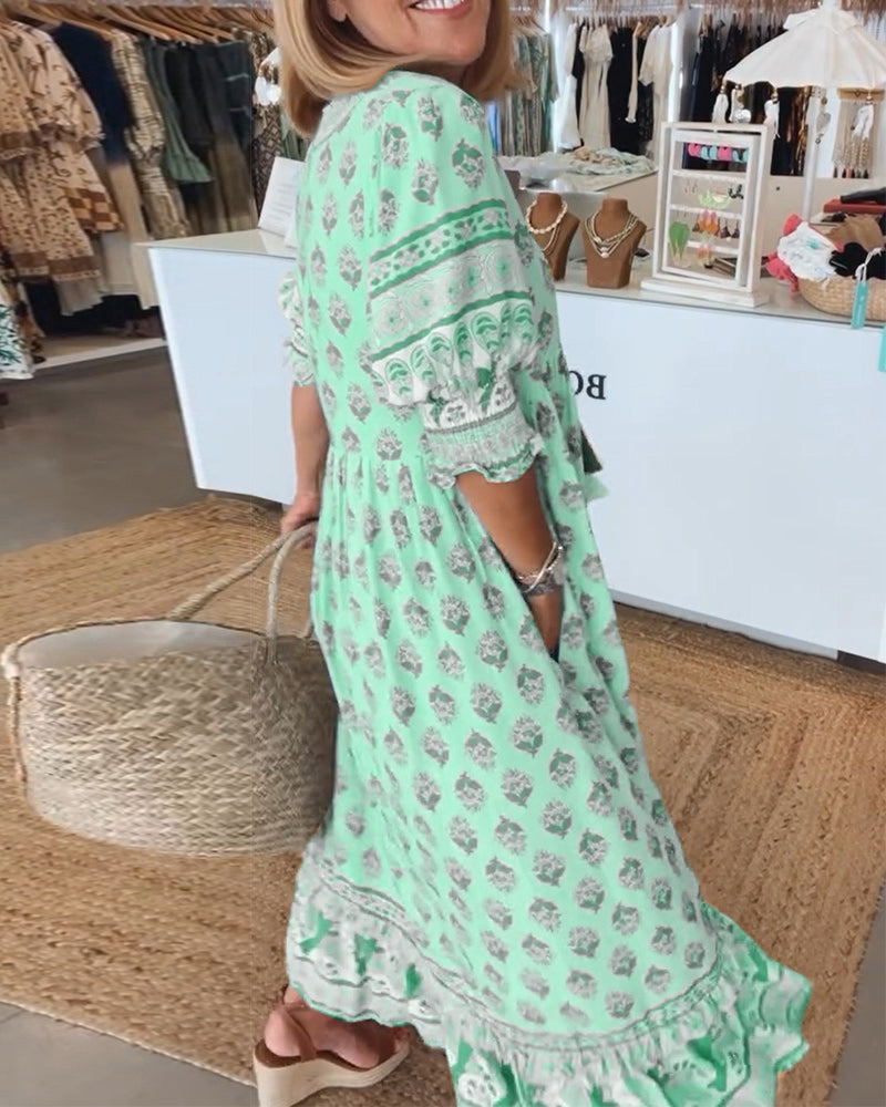 GIULIA | Elegant Midi Dress with V-Neck and Puff Sleeves