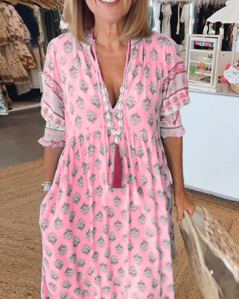 GIULIA | Elegant Midi Dress with V-Neck and Puff Sleeves