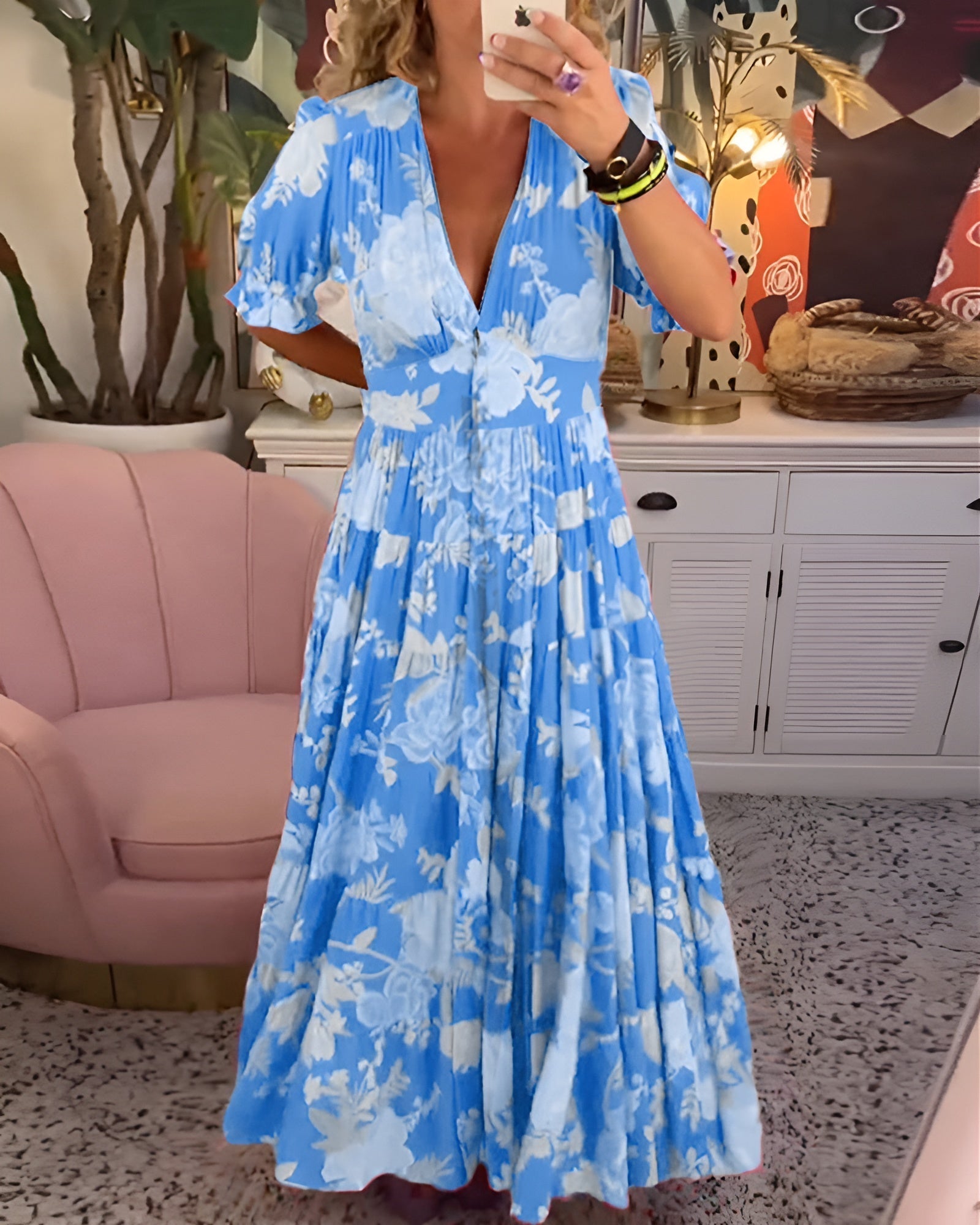 CATERINA | Long Floral Dress with Discreet Pockets and Feminine Silhouette for Daytime