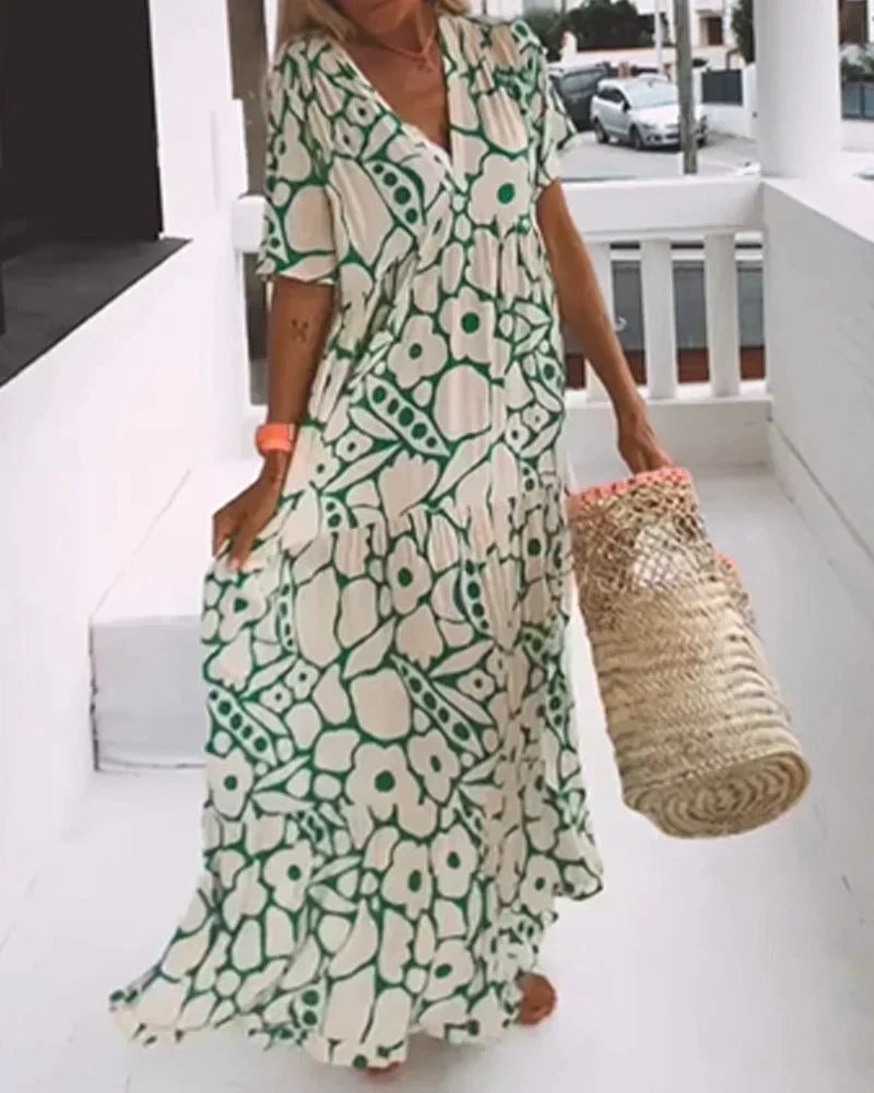CHRISTINE | Long Summer Dress with Fluid Cut and Chic Graphic Pattern