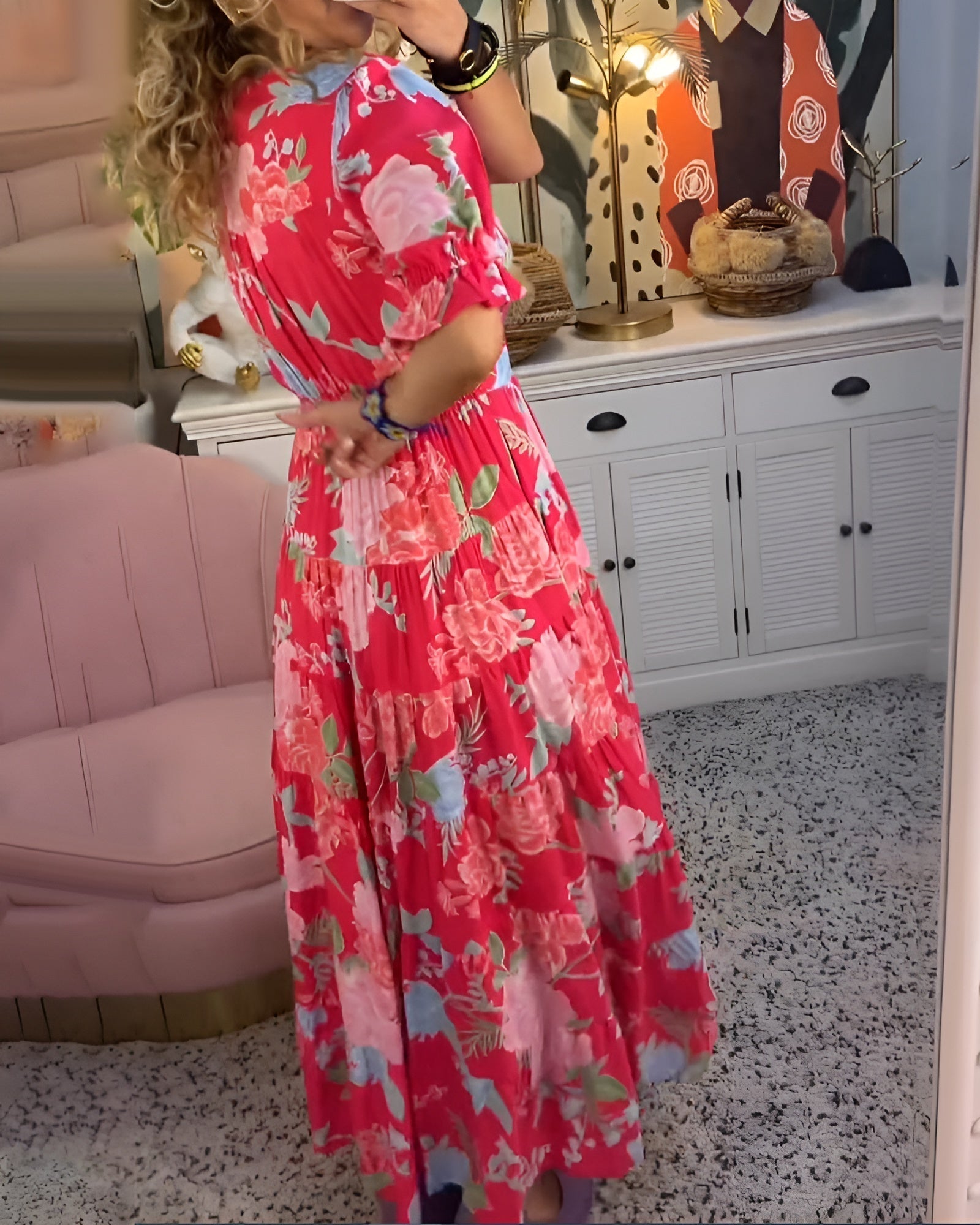 CATERINA | Long Floral Dress with Discreet Pockets and Feminine Silhouette for Daytime