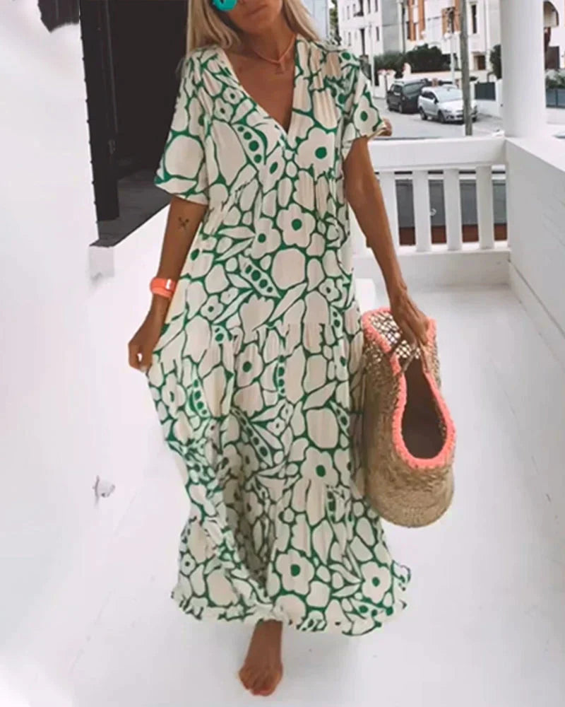 CHRISTINE | Long Summer Dress with Fluid Cut and Chic Graphic Pattern