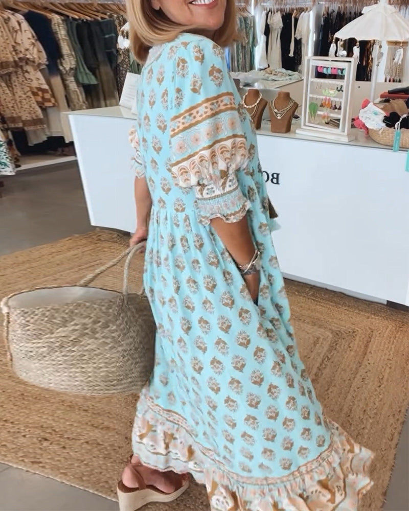GIULIA | Elegant Midi Dress with V-Neck and Puff Sleeves