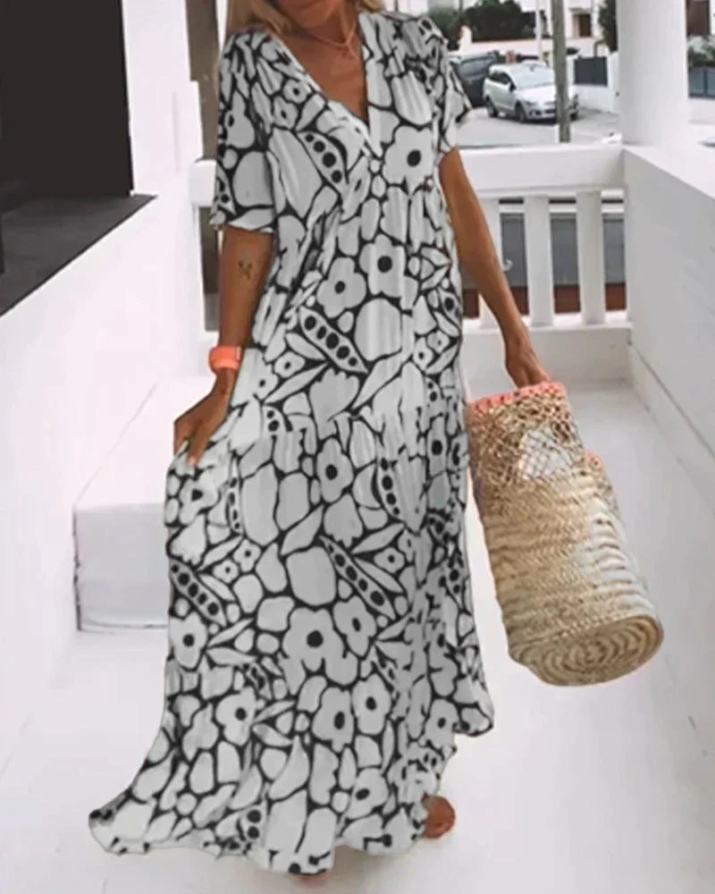 CHRISTINE | Long Summer Dress with Fluid Cut and Chic Graphic Pattern