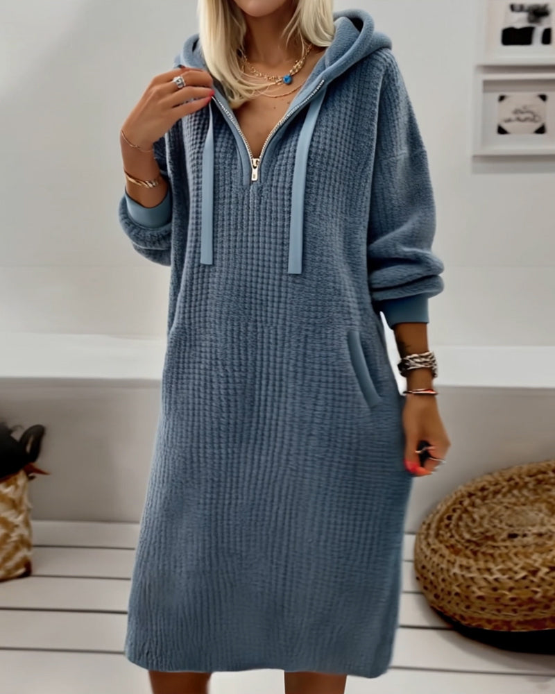 Casual Hooded Honeycomb Knit Fleece Dress