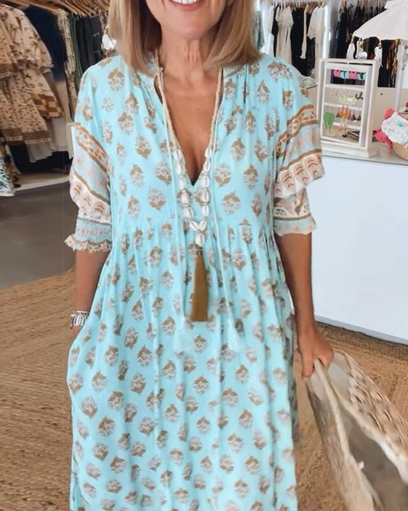 GIULIA | Elegant Midi Dress with V-Neck and Puff Sleeves