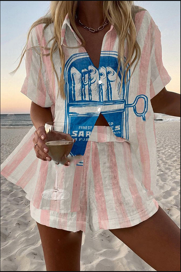 Giada™ | Short Linen Set with Sardine Print