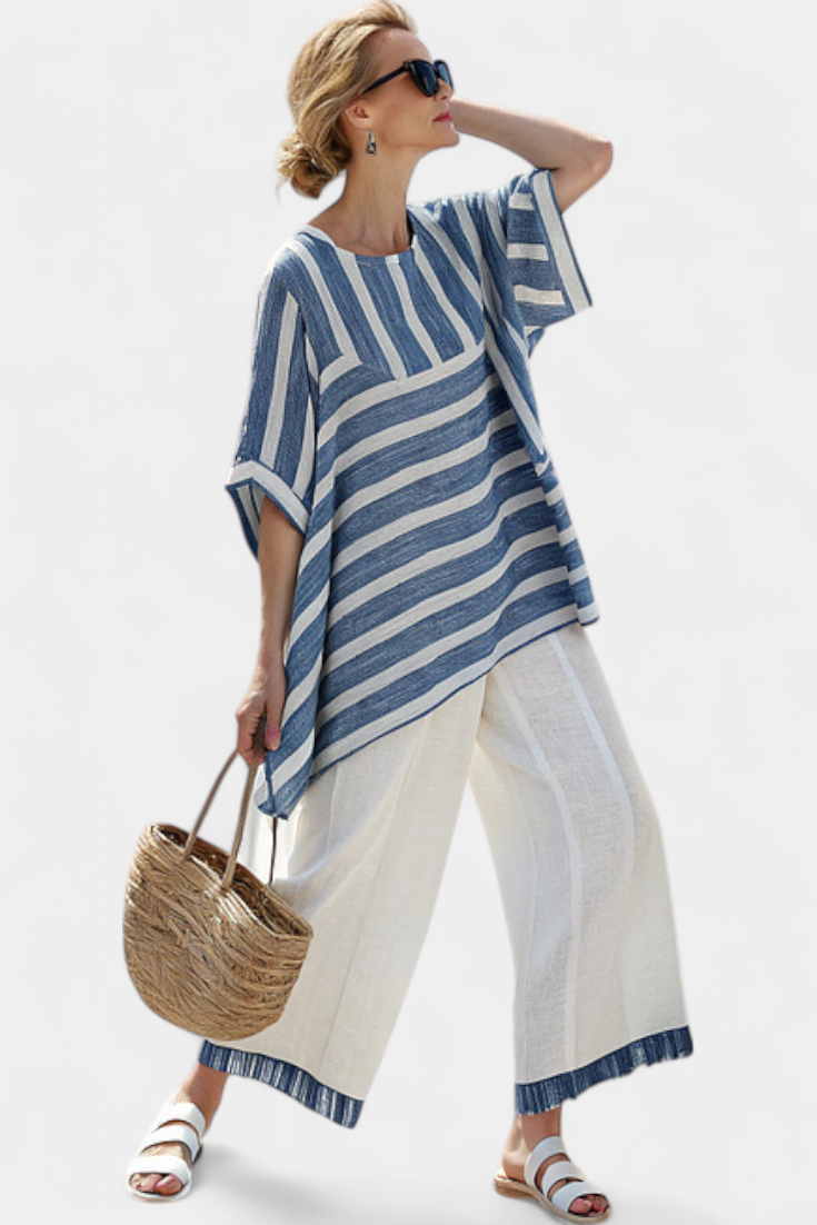Elegant Mediterranean Linen Set with Blue Stripes and Cuffed Pants for a Fresh and Stylish Look