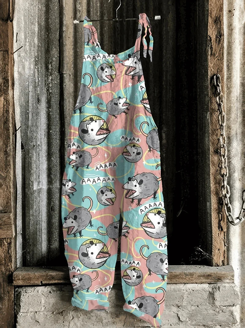 Solea | Lightweight artisanal jumpsuit in pastel possum cartoon print