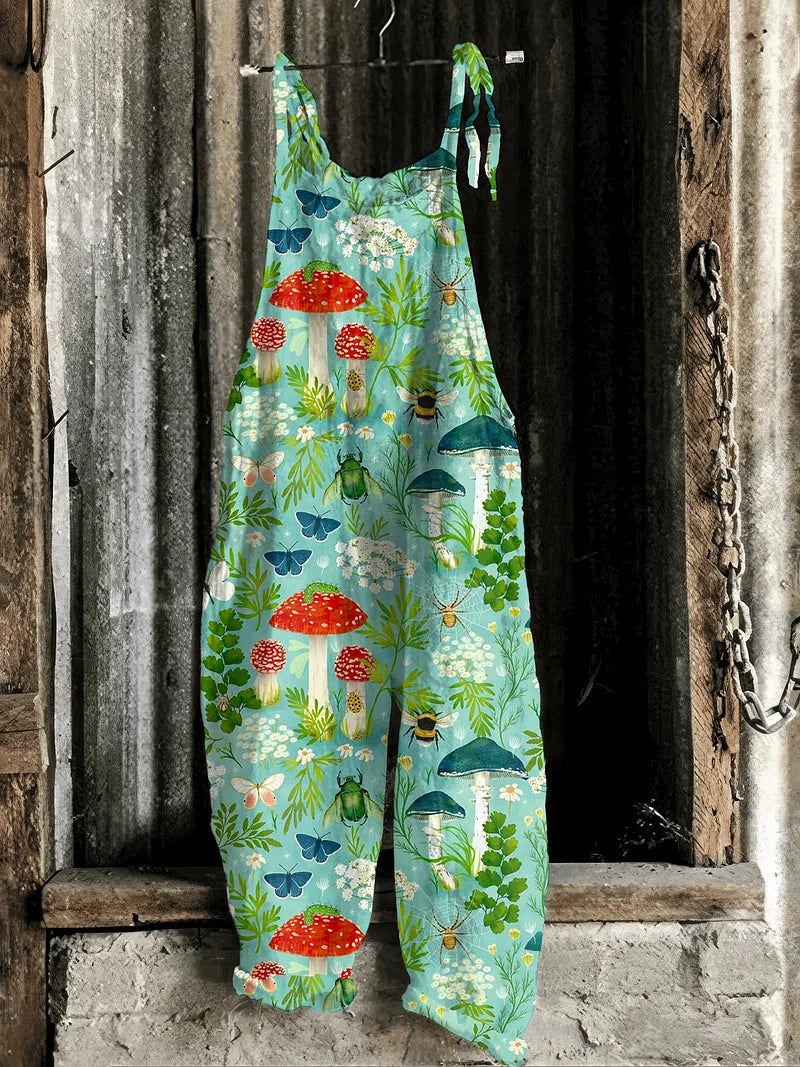 Solea | Lightweight artisanal jumpsuit in whimsical forest mushroom & insect print