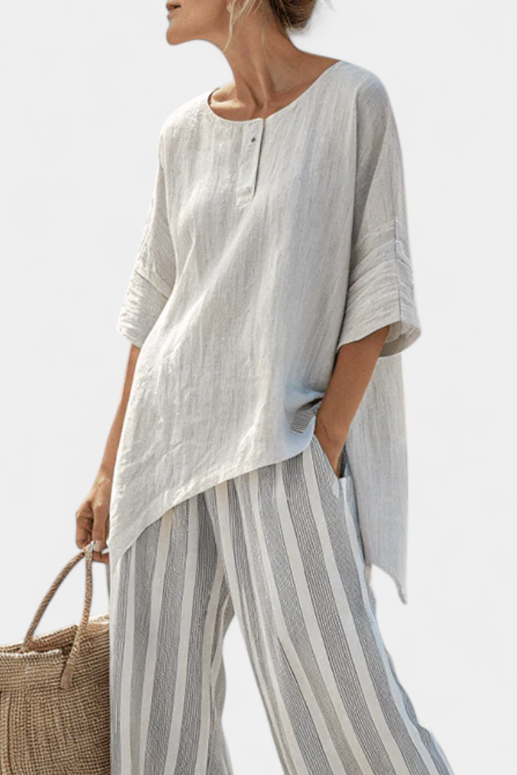 Daisy Complete Set of Asymmetric Blouse and Striped Pants for a Modern and Elegant Style