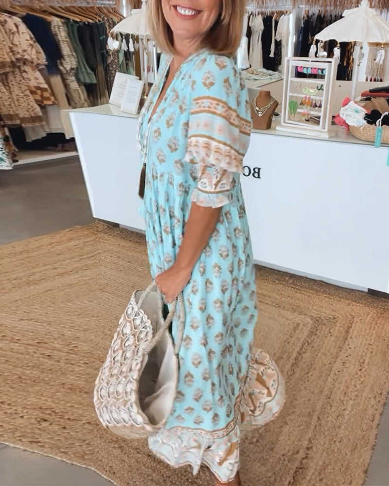GIULIA | Elegant Midi Dress with V-Neck and Puff Sleeves