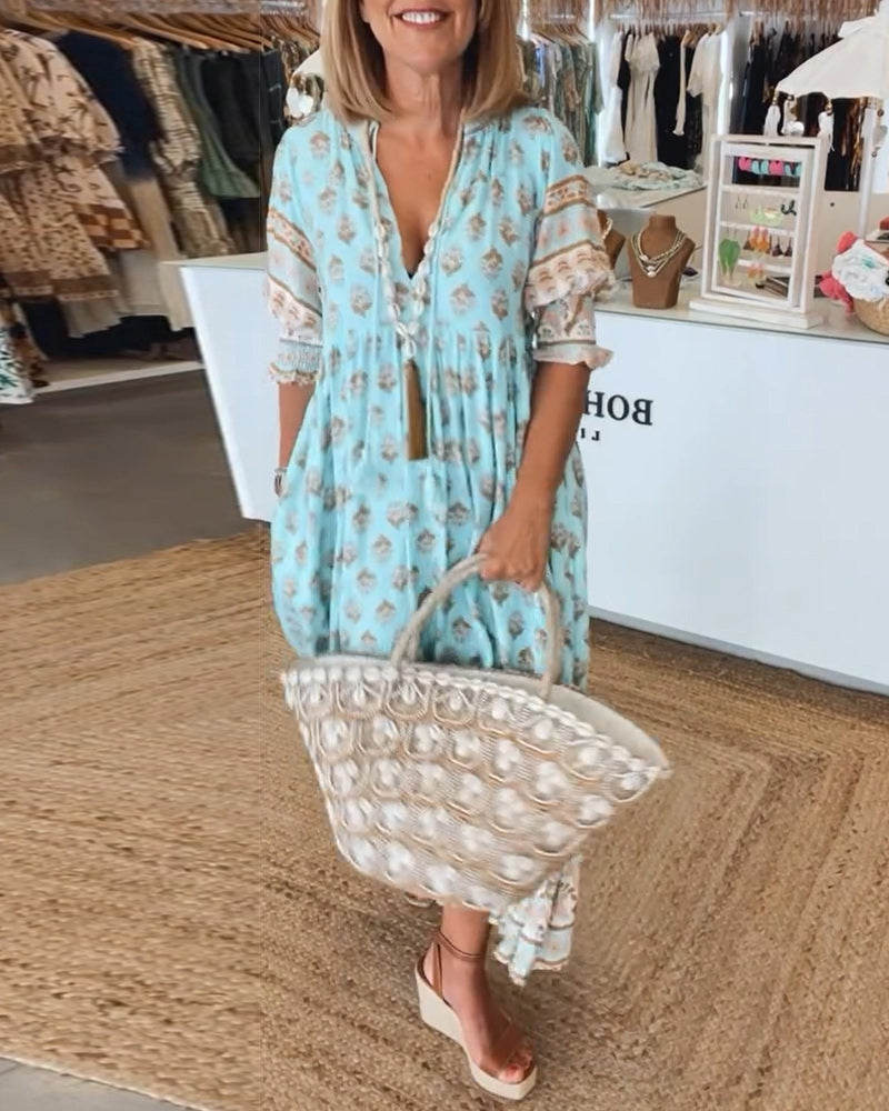 GIULIA | Elegant Midi Dress with V-Neck and Puff Sleeves