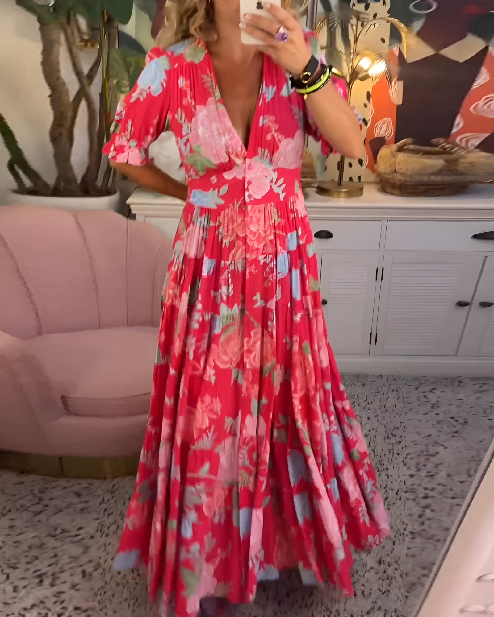 CATERINA | Long Floral Dress with Discreet Pockets and Feminine Silhouette for Daytime