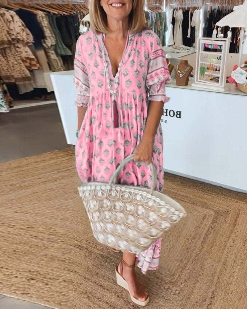 GIULIA | Elegant Midi Dress with V-Neck and Puff Sleeves