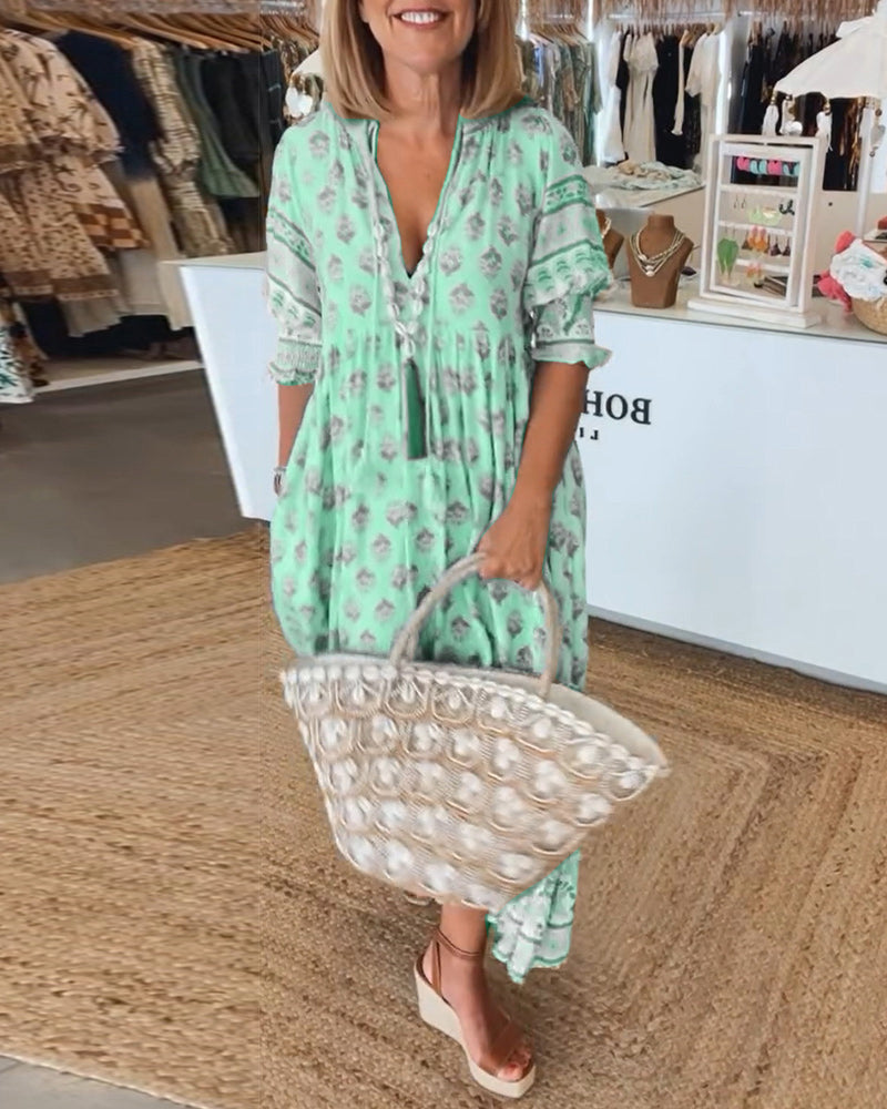 GIULIA | Elegant Midi Dress with V-Neck and Puff Sleeves
