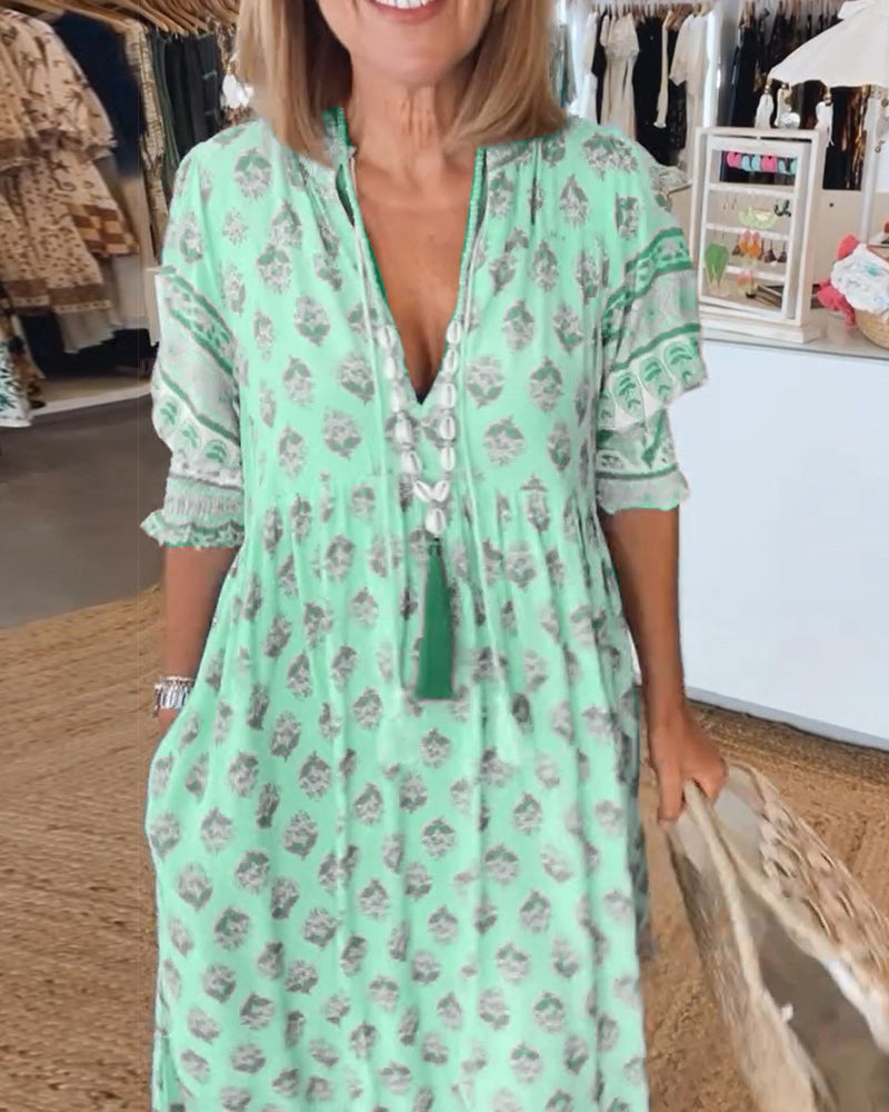 GIULIA | Elegant Midi Dress with V-Neck and Puff Sleeves