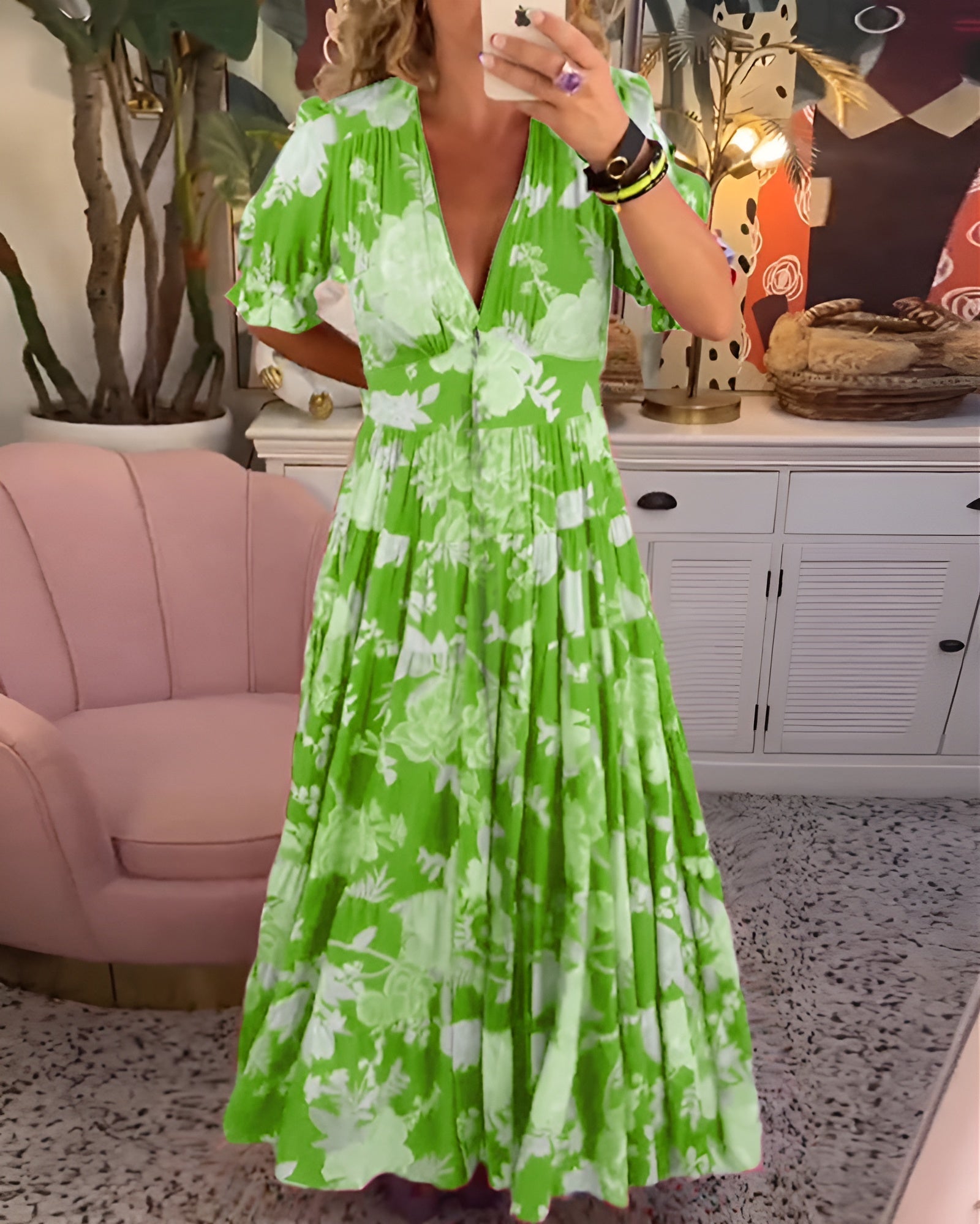 CATERINA | Long Floral Dress with Discreet Pockets and Feminine Silhouette for Daytime