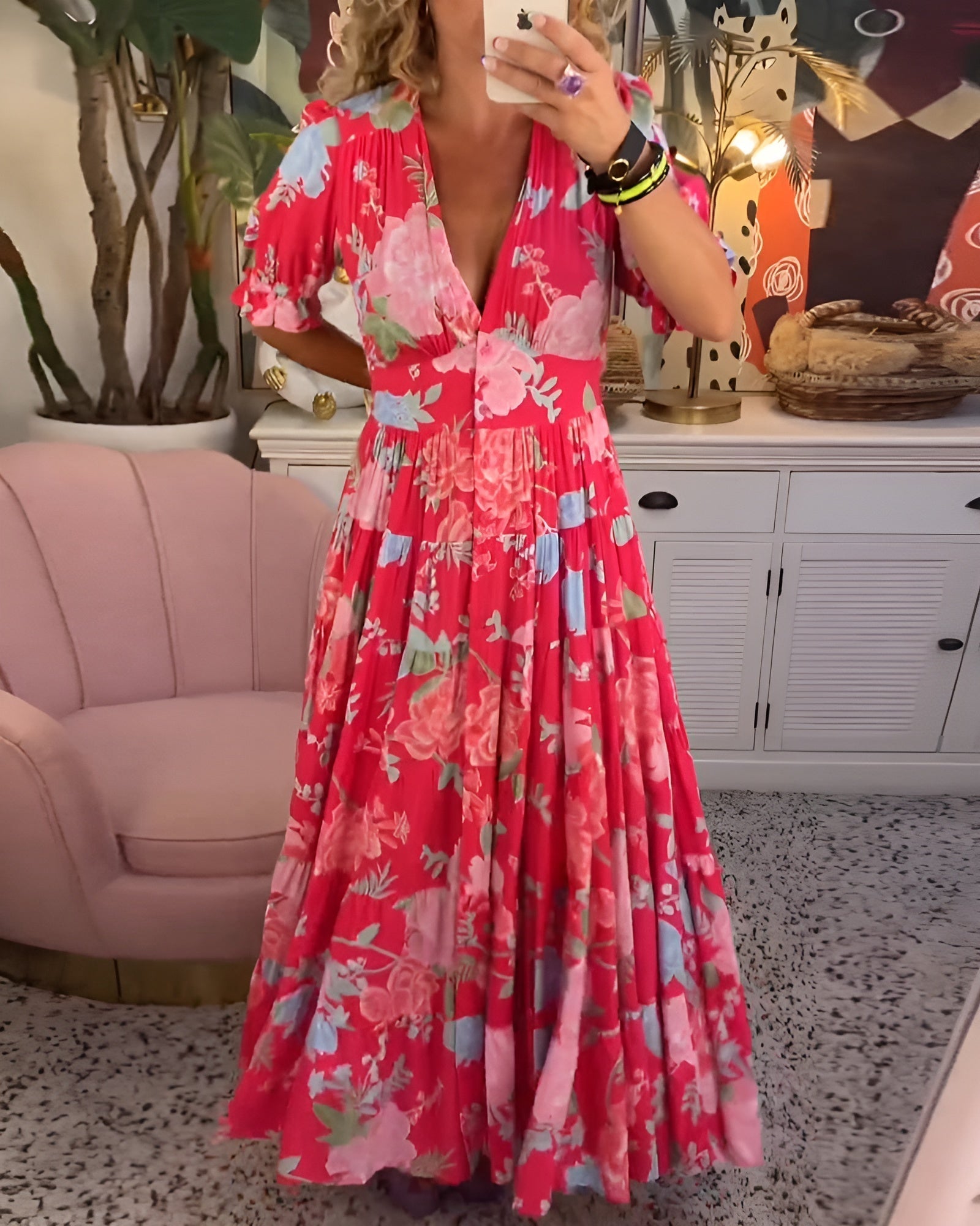 CATERINA | Long Floral Dress with Discreet Pockets and Feminine Silhouette for Daytime