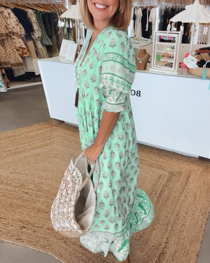 GIULIA | Elegant Midi Dress with V-Neck and Puff Sleeves
