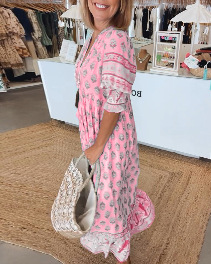 GIULIA | Elegant Midi Dress with V-Neck and Puff Sleeves