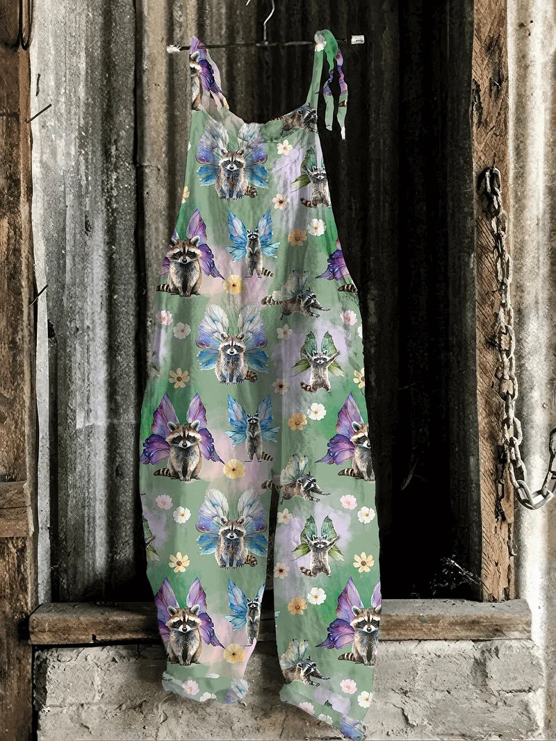 Solea | Lightweight artisanal jumpsuit in whimsical raccoon fairy print