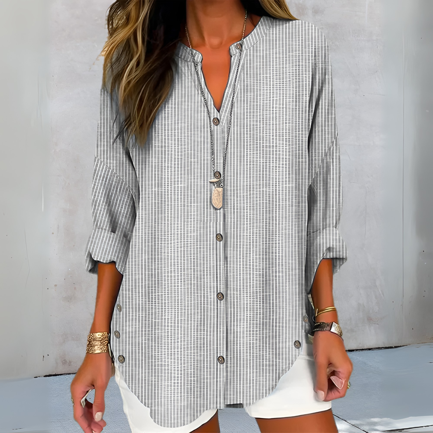 Lucida - Elegant V-Neck Blouse with Timeless Stripe Pattern