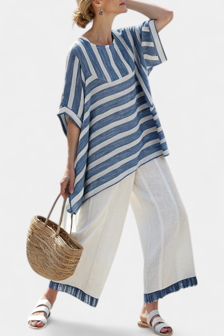 Elegant Mediterranean Linen Set with Blue Stripes and Cuffed Pants for a Fresh and Stylish Look