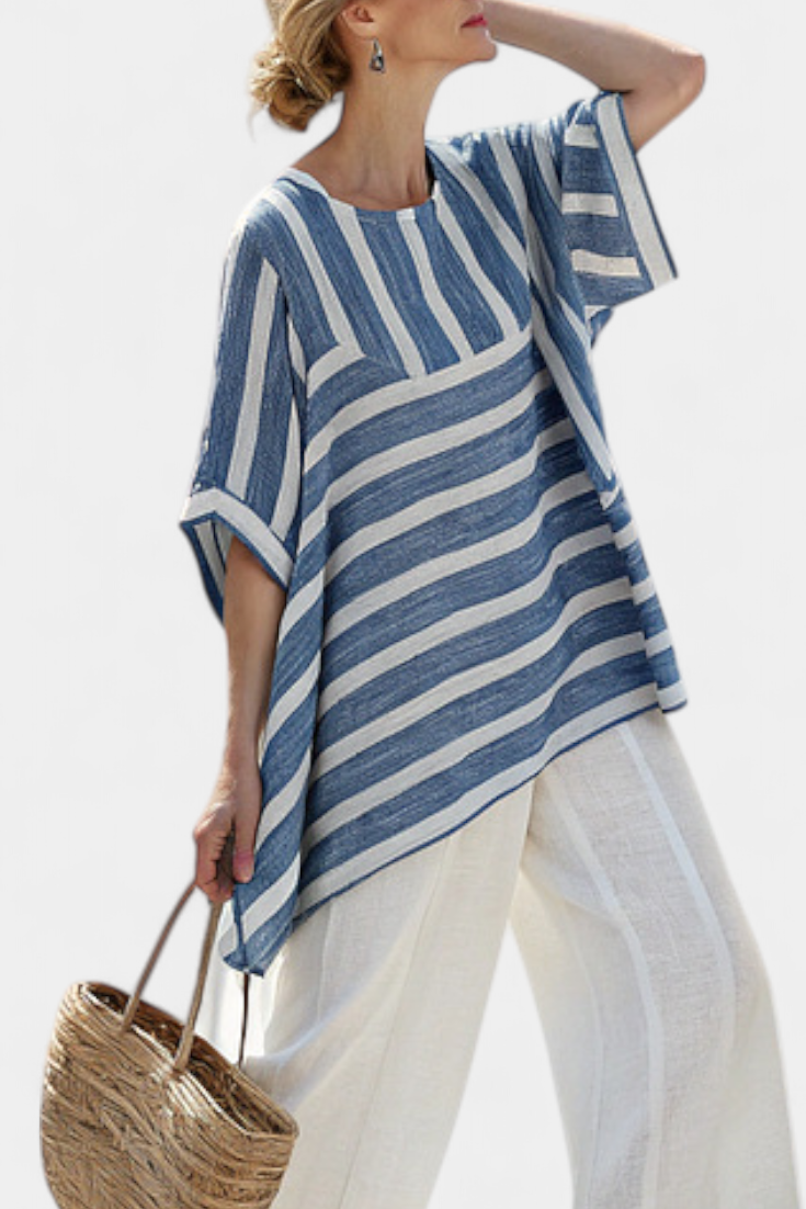 Elegant Mediterranean Linen Set with Blue Stripes and Cuffed Pants for a Fresh and Stylish Look