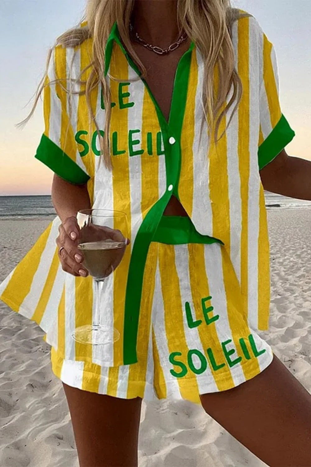 Giada™ | Short Linen Set with Yellow Stripes