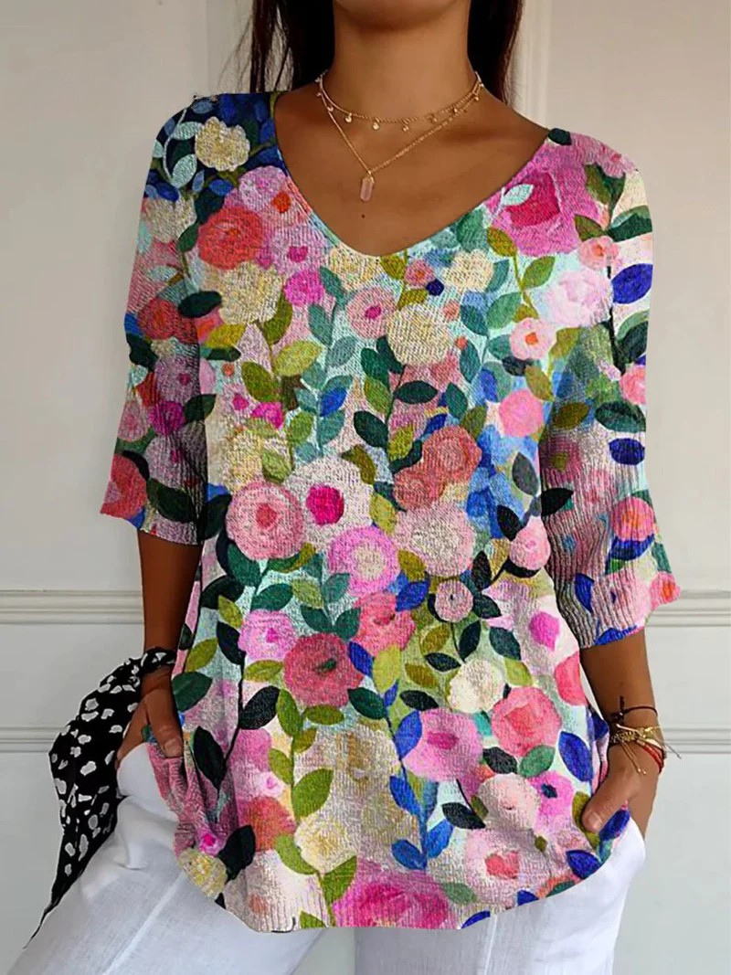 Colorful Spring Floral Garden Printed Women's Casual Pullover Knit