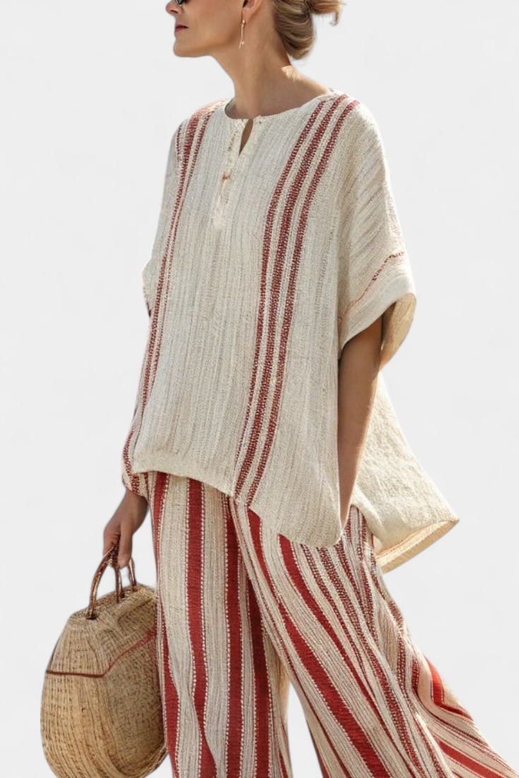 Elegant Complete Two-Piece Daisy with Red Stripes in Natural Texture