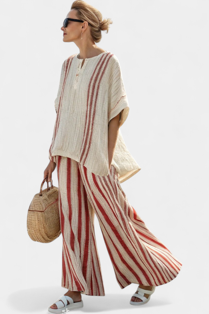 Elegant Complete Two-Piece Daisy with Red Stripes in Natural Texture