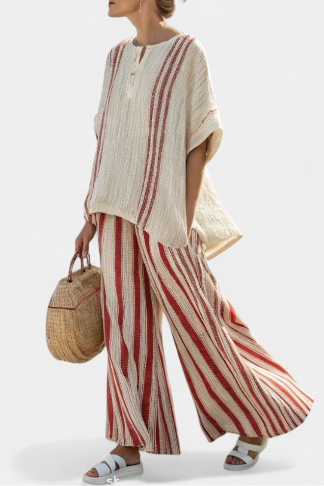 Elegant Complete Two-Piece Daisy with Red Stripes in Natural Texture